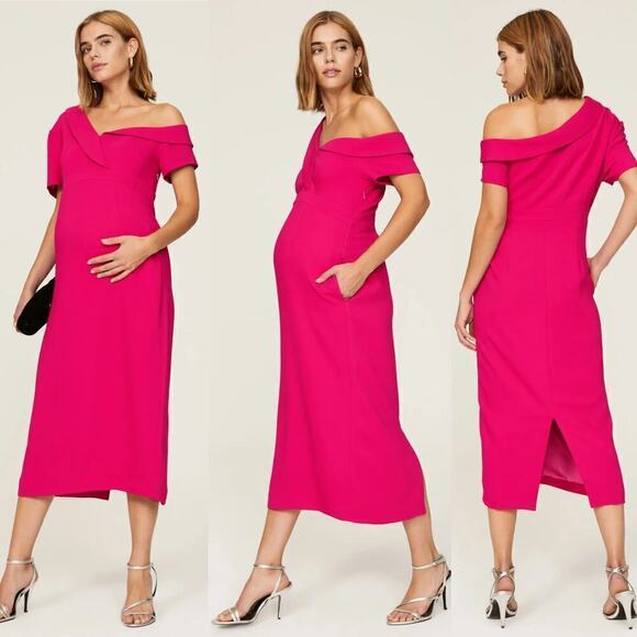 Emilia George Lauren Maternity Dress Off-Shoulder Cocktail Midi Rasberry Pink XS - Picture 2 of 12